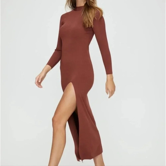 NWT BABATON Leopold Dress Maxi Mock Neck Dive Blue Grey Slit XS Aritzia - Picture 5 of 13
